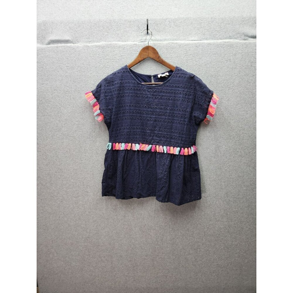 Andrée By Unit Navy Blue Eyelet Top With Colorful Trim Accents S 100% Cotton She